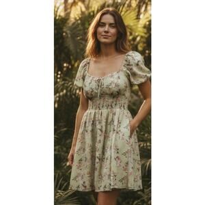 MADDEN NYC dress women's medium green floral puff sleeve smoked cottagecore sun